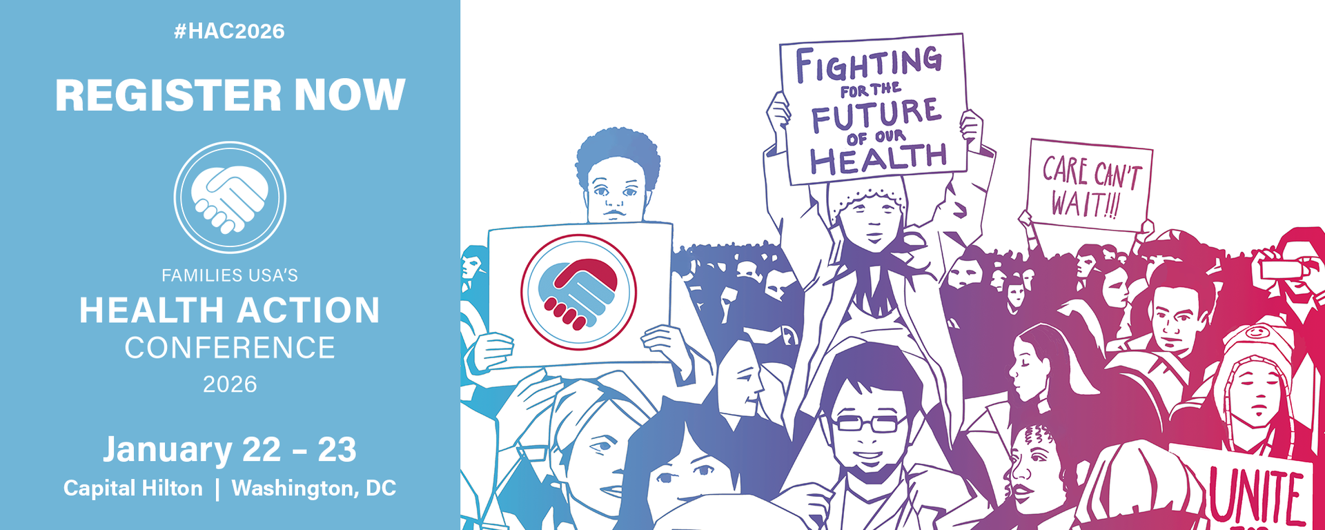 Illustrated protesting crowd holding signs up that say Fighting for the Future of Our Health, Care Can't Wait, and For Like Health.